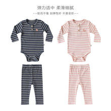 Load image into Gallery viewer, D25149LS-春秋男女寶寶條紋長袖莫代爾包屁衣&amp;長褲
