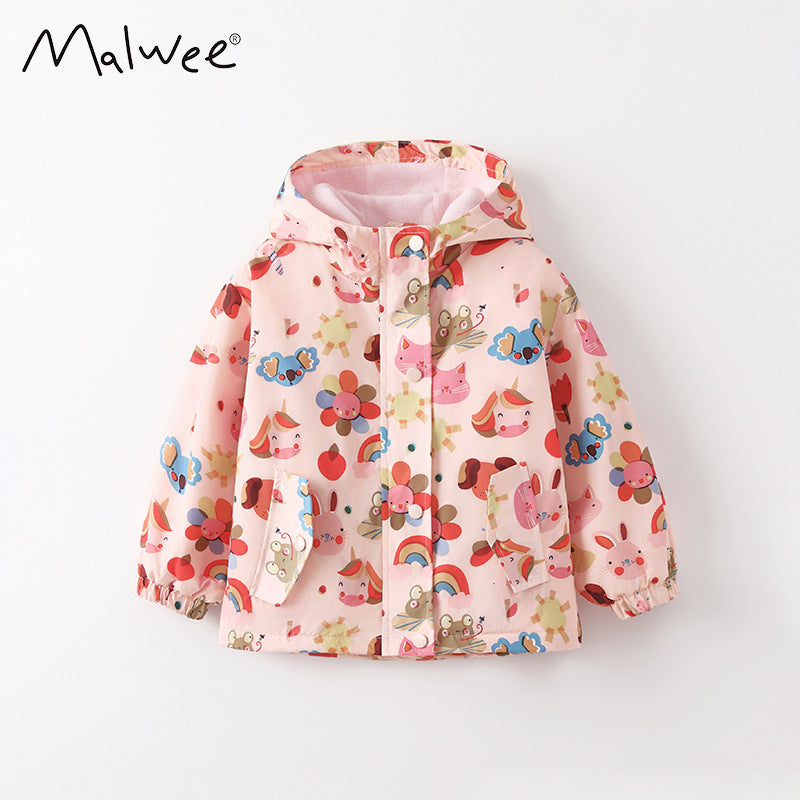 10738SE-Malwee歐美秋冬滿版可愛印花刷絨連帽拉鍊風衣外套