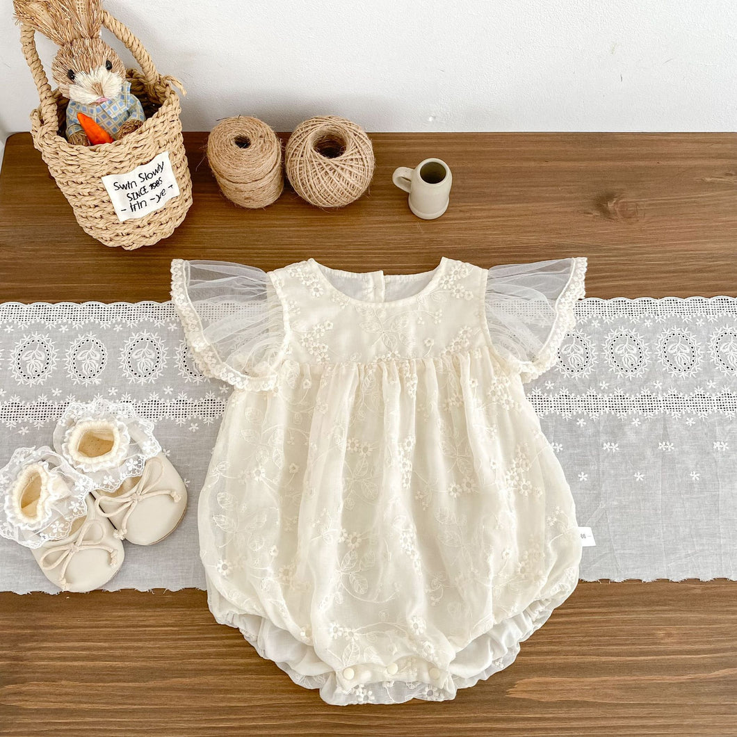 H10563LS-夏裝公主網紗飛袖提花刺繡包屁衣