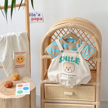 將圖片載入圖庫檢視器 2402222LS-夏季卡通小熊吊帶爬服+短袖條紋t兩件套
