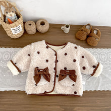 Load image into Gallery viewer, H10602TG-冬季加厚蝴蝶結波點棉服外套&amp;坑條上衣&amp;喇叭褲
