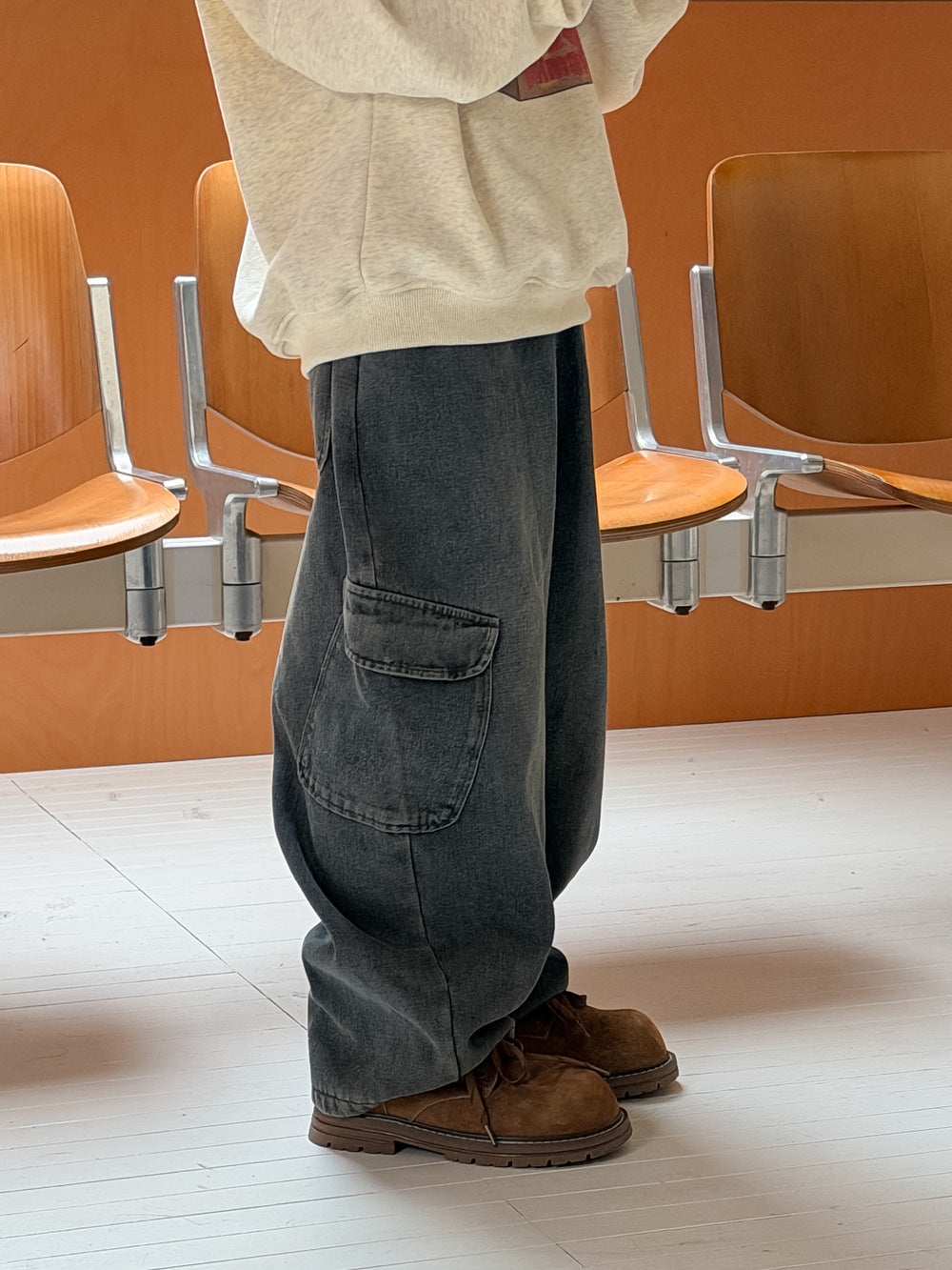 2025D194PA-冬季韓版加絨口袋牛仔工裝褲