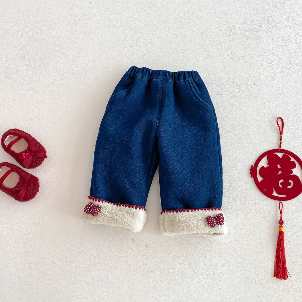 ZDK5708PA-冬季超萌蝴蝶結加絨牛仔長褲