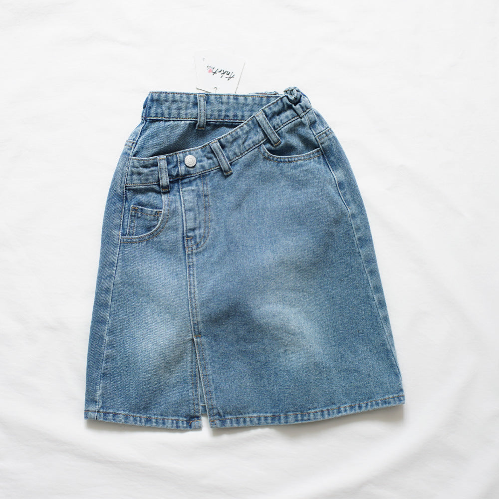 299DS-夏日系女童牛仔裙不規則拼高腰韓版半身裙