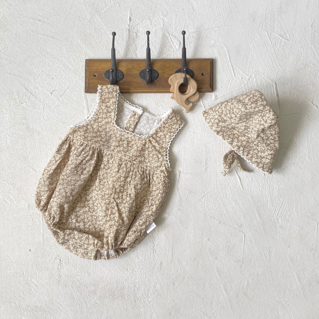 Y9391LS-Autumn Retro Floral Sleeveless Bodysuit + Hat