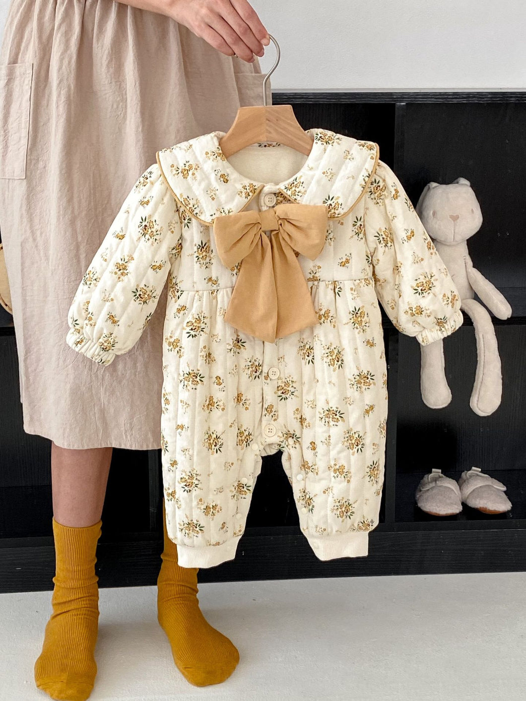 K2801LS-冬季碎花蝴蝶結加絨連體爬服