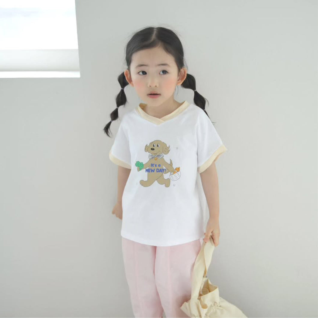 Y7527SE-夏款男女童可愛小狗印花純棉V領撞邊休閒短袖上衣