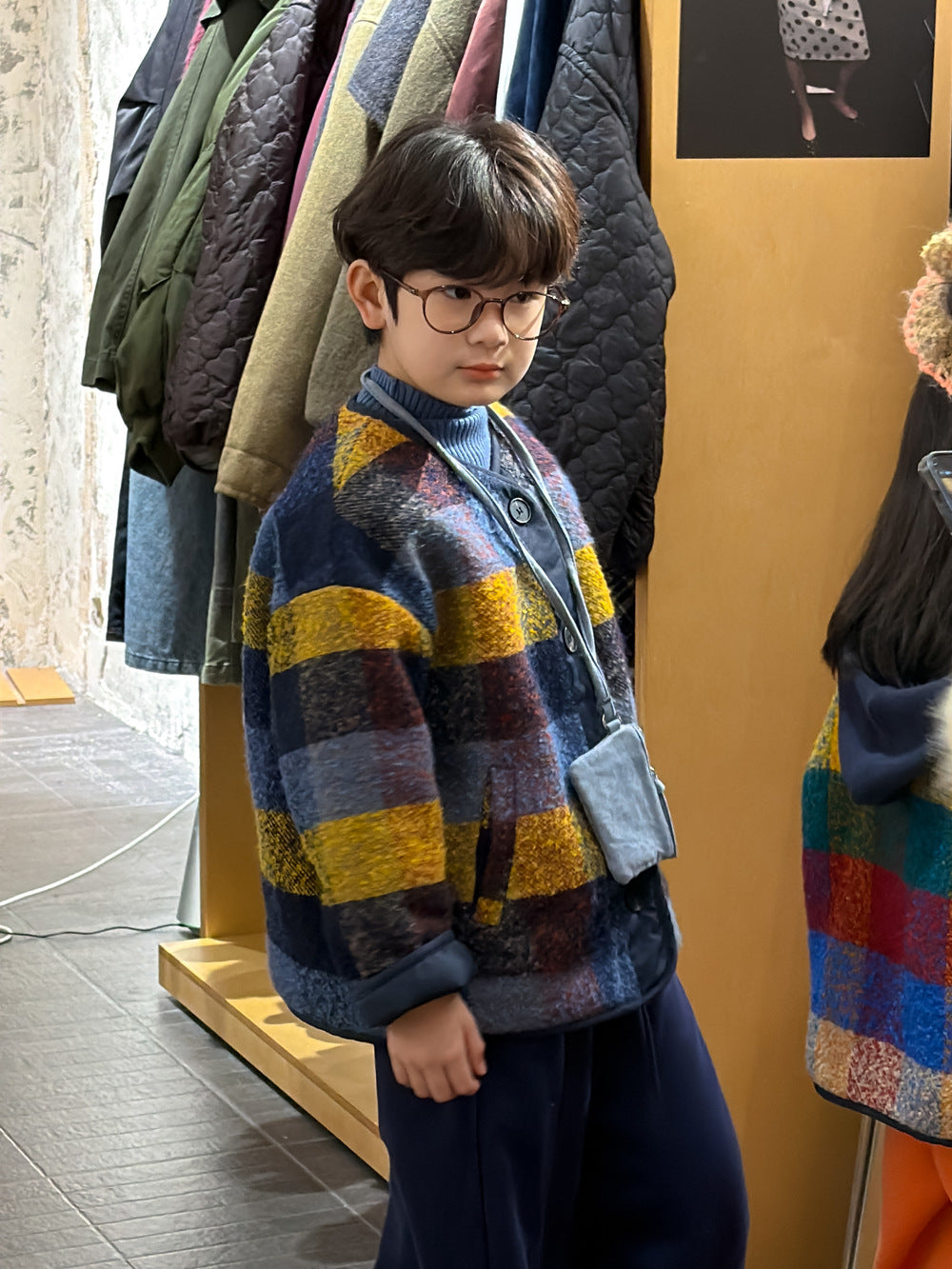 2025D204SE-冬季韓版拼色格子加厚開襟排釦外套