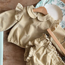 Load image into Gallery viewer, Y8401TG-Spring baby collar flying sleeve cotton corduroy top + flower bud pants set 
