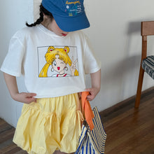 Load image into Gallery viewer, 2025X70TG-Summer Girls Korean Round Neck Casual Short Sleeve Cartoon Top + Solid Color Bubble Wide Leg Shorts 
