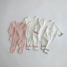 將圖片載入圖庫檢視器 Y8602LS-春季嬰兒彈性坑條波浪捲邊連身衣+高腰護肚緊身褲兩套裝&amp;三件套
