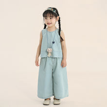Load image into Gallery viewer, A003TG-夏季｜淺色牛仔｜女童背心闊腿褲組
