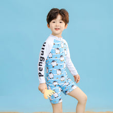 將圖片載入圖庫檢視器 2507LS-夏季企鵝印花男童連體可愛泳衣+泳帽
