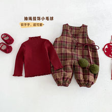 將圖片載入圖庫檢視器 ZDK5616LS-冬季格子加厚夾棉背帶連體褲&amp;針織上衣
