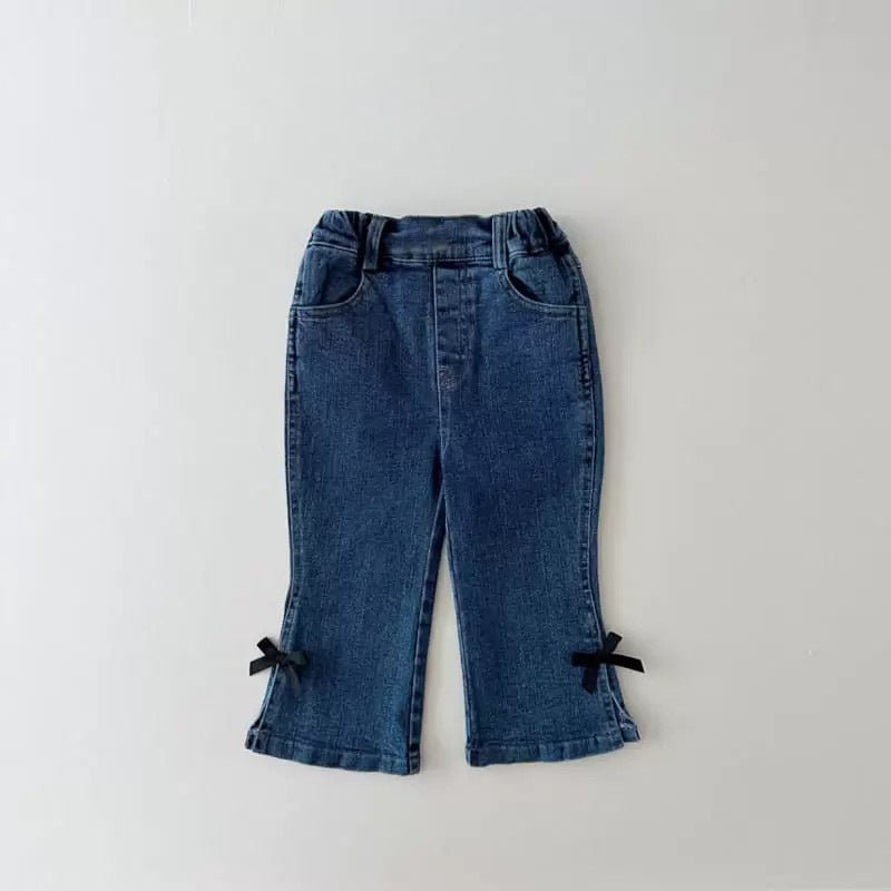 24217PA-Autumn Korean style slightly elastic denim bow flared pants