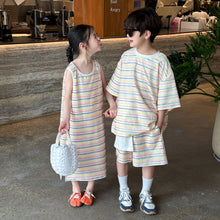 將圖片載入圖庫檢視器 2025X126TG-夏季男女童韓版條紋短袖短褲兩件套&amp;無袖連衣裙
