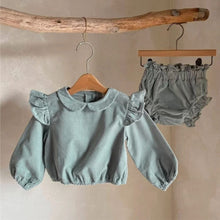 Load image into Gallery viewer, Y8401TG-Spring baby collar flying sleeve cotton corduroy top + flower bud pants set 
