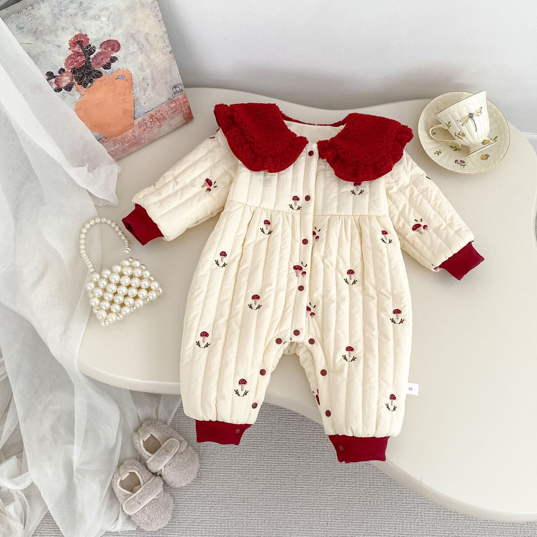 H10633LS-冬季聖誕蘑菇刺繡加絨哈衣（加厚）