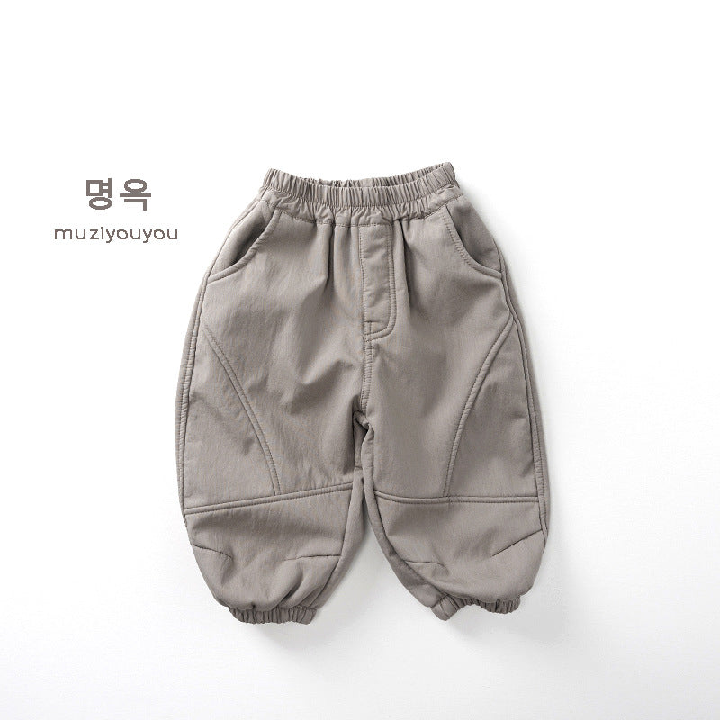 25223PA-冬季韓版森林系造型車線休閒加厚刷絨長褲