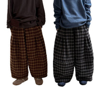 將圖片載入圖庫檢視器 2025D17PA-秋冬季韓版格紋加絨休閒寬鬆闊腿褲
