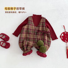 將圖片載入圖庫檢視器 ZDK5616LS-冬季格子加厚夾棉背帶連體褲&amp;針織上衣
