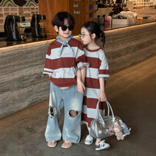 Load image into Gallery viewer, 2025X127SE-Summer Korean version of wide striped casual short-sleeved brother and sister clothes for boys and girls 
