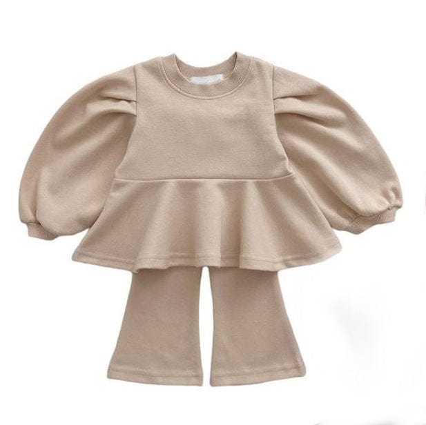 Y8404TG- Lantern Sleeve Girls Temperament Top + V Flared Pants Set 
