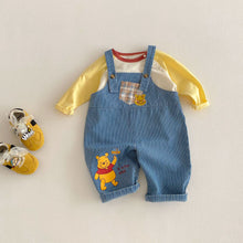 Load image into Gallery viewer, ZCK6171LS-春季維尼刺繡背帶長褲&amp;韓版拼袖上衣
