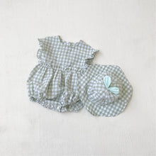 Load image into Gallery viewer, Y9551LS-Summer Girls&#39; Lotus Sleeve Plaid Bodysuit + Sun Hat 
