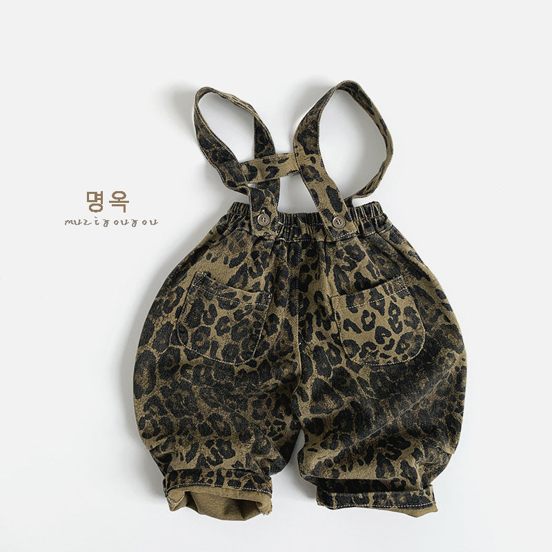 25011LS-秋季韓版兒童休閒豹紋兩穿吊帶褲