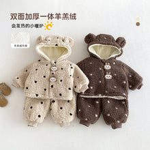 Load image into Gallery viewer, ZDW5306TG-冬季加絨波點麥穗絨連帽外套&amp;褲子
