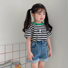 將圖片載入圖庫檢視器 Y7524SE-夏款男女童時尚條紋撞邊小狗印花圓領上衣
