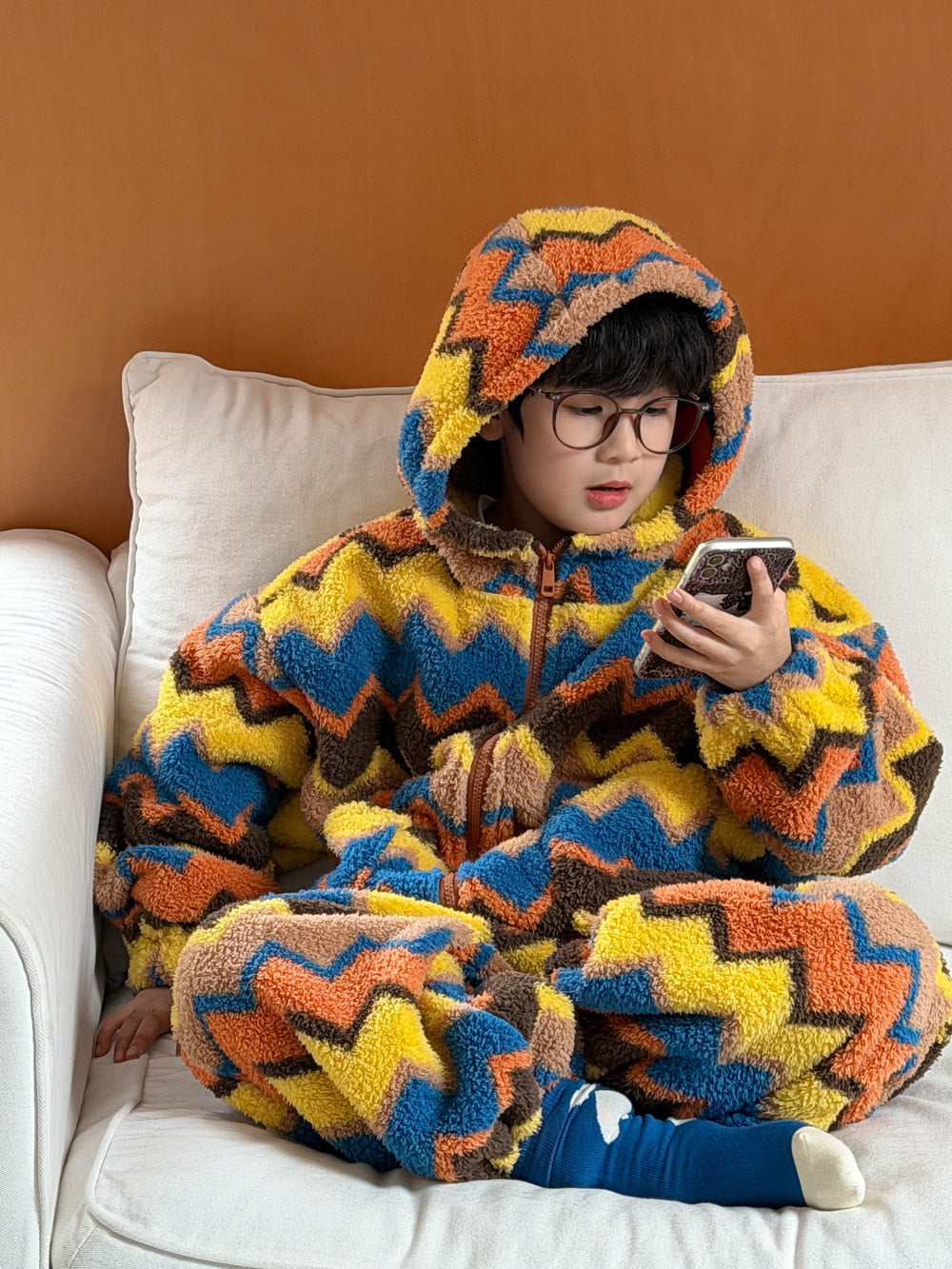 2025D198TG-冬季韓版彩條連帽拉鍊可愛居家兩件套