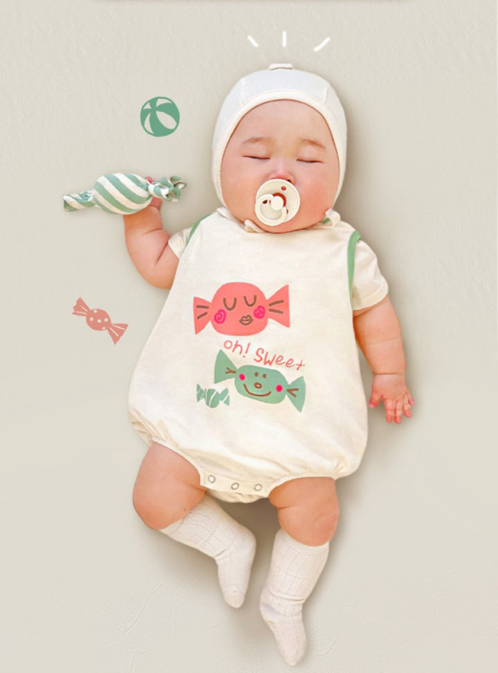 51410LS-Summer Korean Candy Print Style Bodysuit Set + Hat 