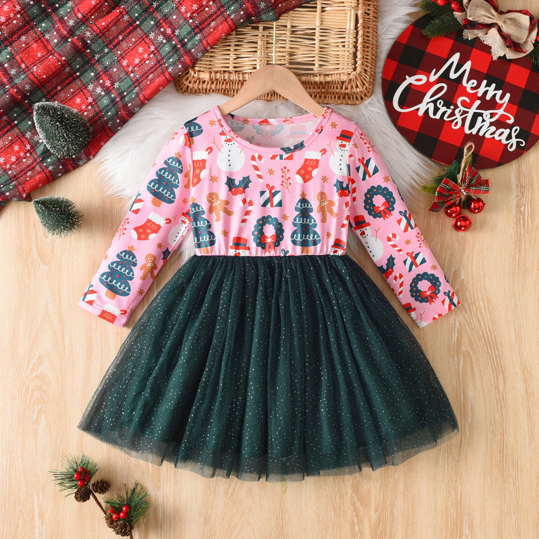 67135LS-秋冬聖誕印花細閃網紗澎澎連衣裙