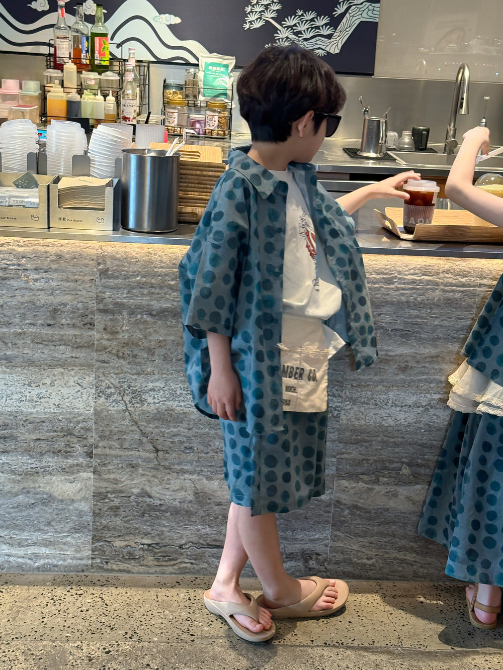 2025X150TG-夏季男童女童韓版圓點短袖短褲套裝&無袖吊帶上衣連衣裙套裝