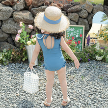 Load image into Gallery viewer, 2311LS-Girls&#39; gray-blue one-piece swimsuit + swimming cap set 
