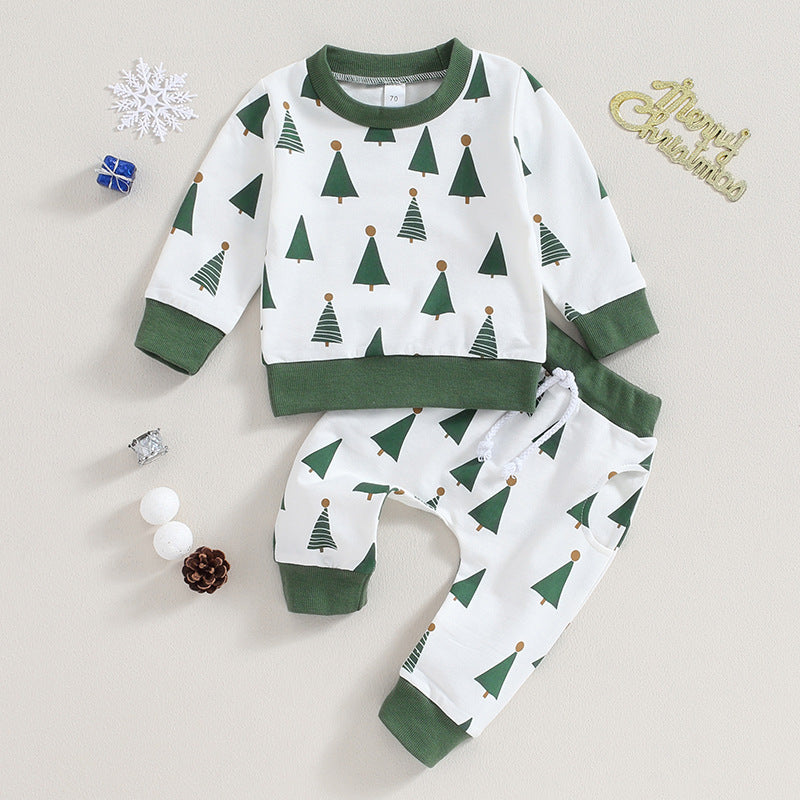 35145TG-秋冬歐美聖誕樹滿版印花休閒兩件套