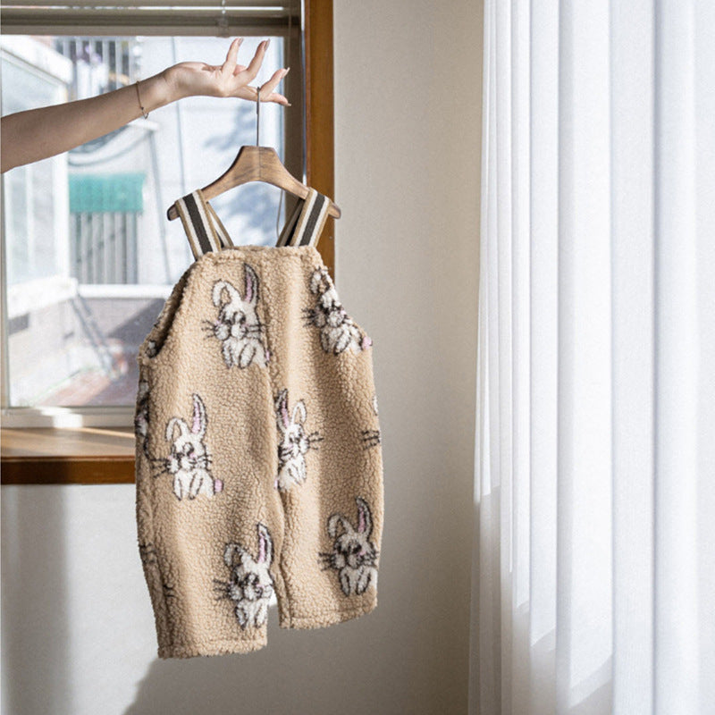 Y5538LS-秋冬格子背帶褲｜兔子印花加厚款