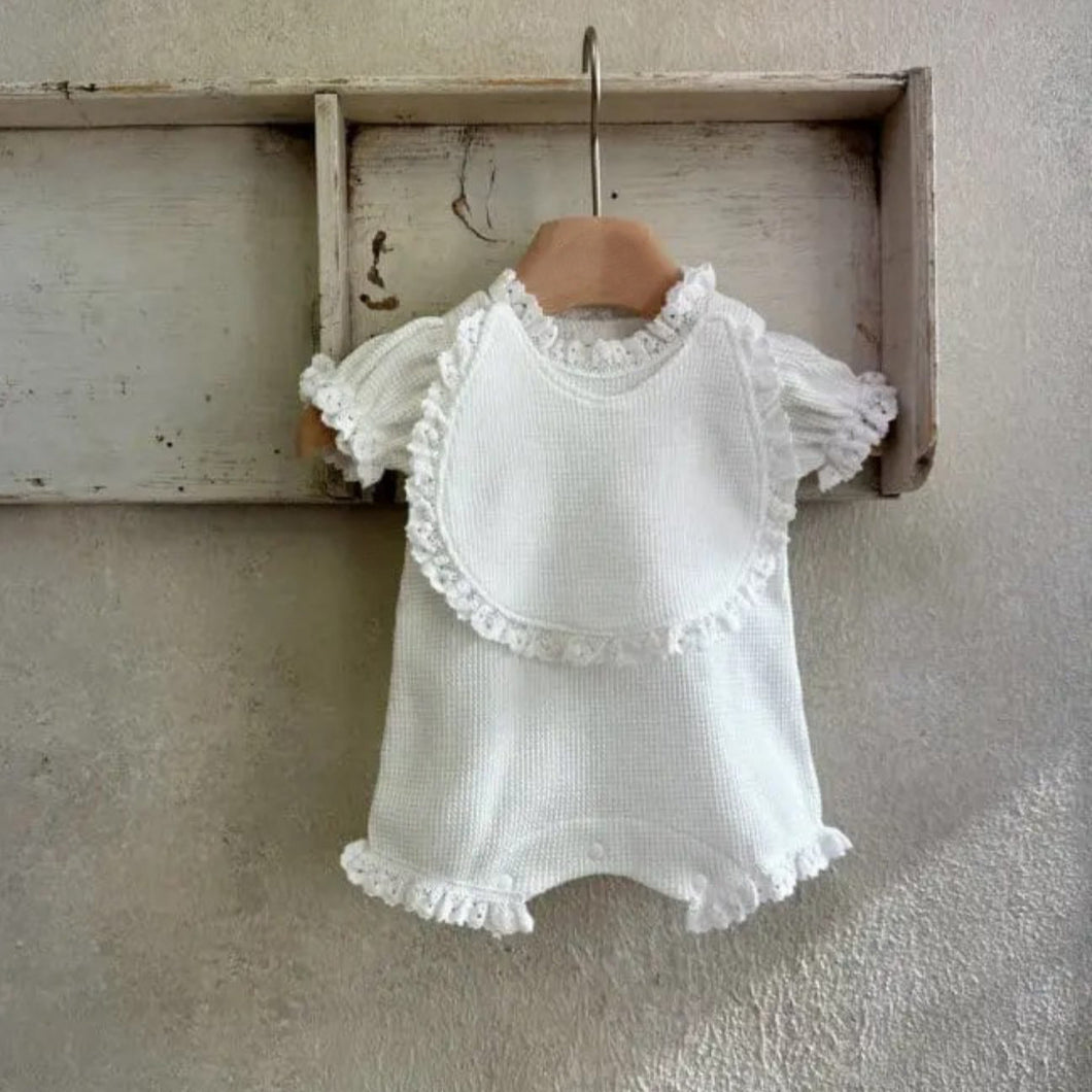 Y9549LS-Summer Lace Waffle Flower Bud Sleeve Jumpsuit + Bib Pocket Set 