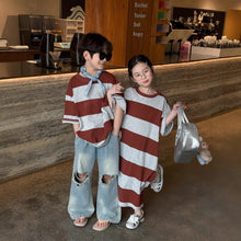 Load image into Gallery viewer, 2025X127SE-Summer Korean version of wide striped casual short-sleeved brother and sister clothes for boys and girls 
