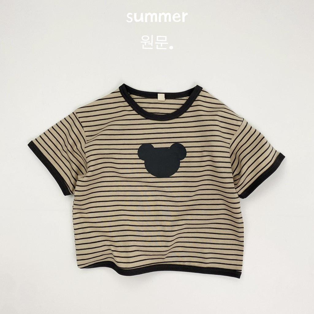 1542SE-夏季半袖條紋卡通小熊短袖T