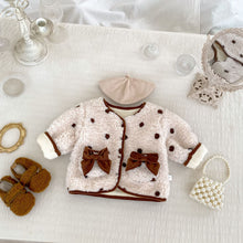 Load image into Gallery viewer, H10602TG-冬季加厚蝴蝶結波點棉服外套&amp;坑條上衣&amp;喇叭褲
