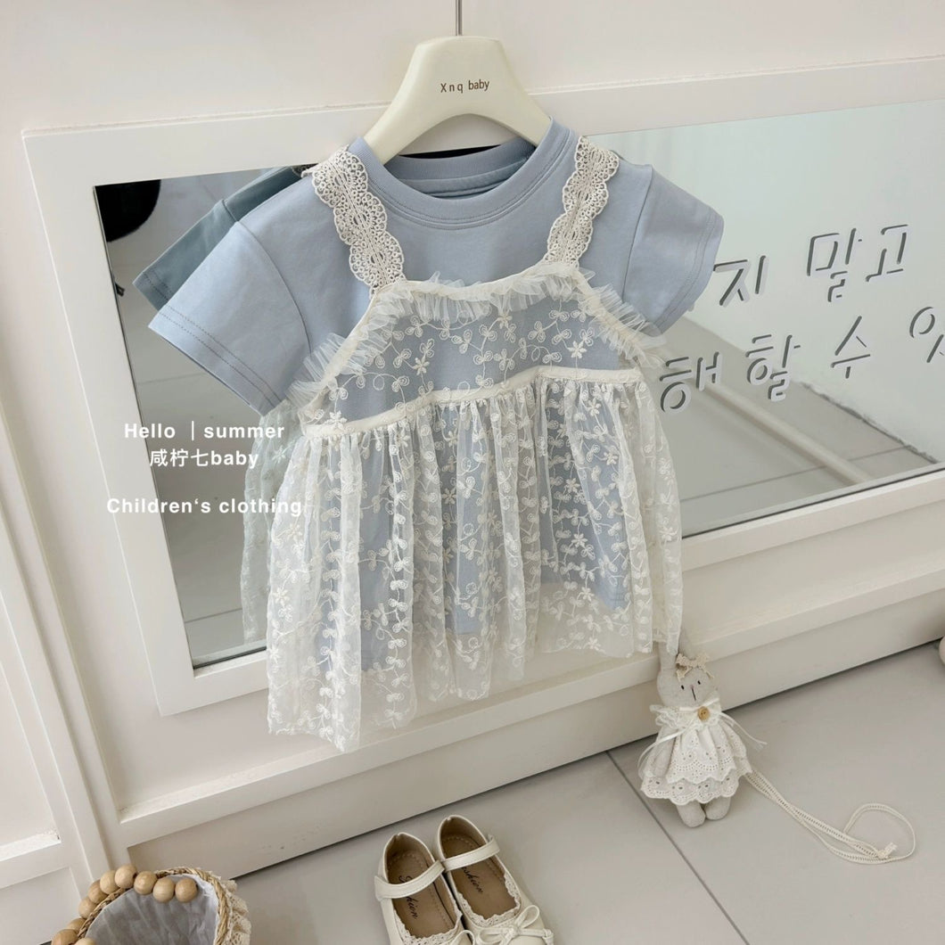 HE976TG-夏季女童蕾絲款吊帶洋裝兩件套