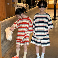 Load image into Gallery viewer, 2025X130TG-Summer Korean version of boys and girls letter striped short-sleeved shorts two-piece suit 
