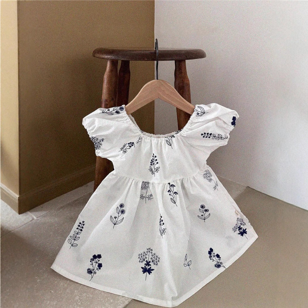 Y6521DS-Summer Girls Retro Solid Embroidered Puff Sleeve Dress 