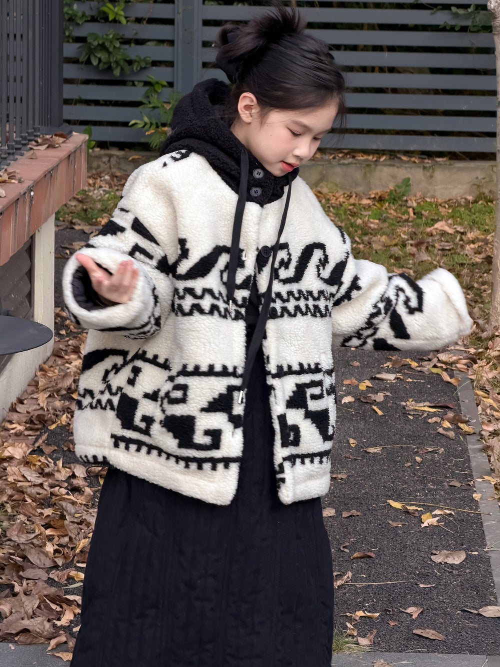 2025D246SE-冬季韓版羊羔絨夾棉加厚拼色連帽外套