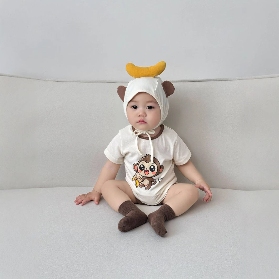 51408LS-Summer short-sleeved little monkey eating banana shape bodysuit + hat 