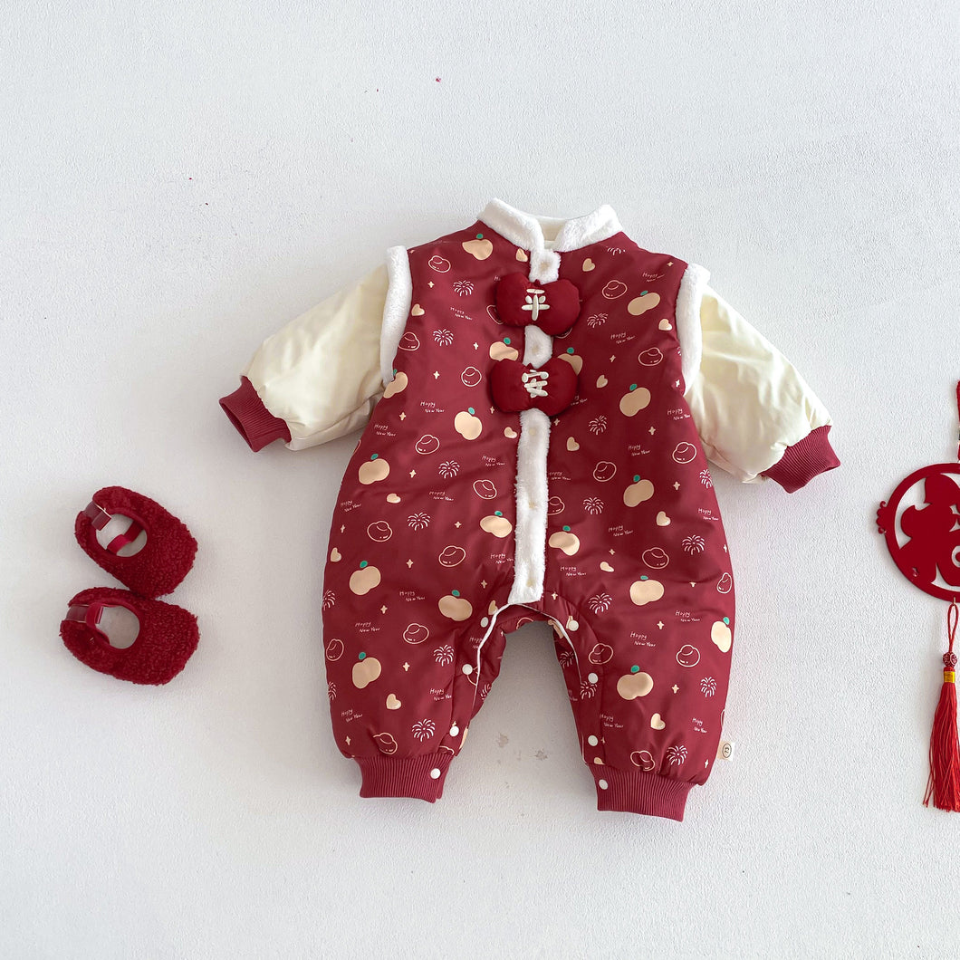 ZDL5682LS-冬季嬰幼兒喜慶中國風拼色加絨連體衣