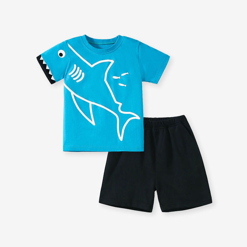 2068TG-夏季卡通鯊魚純棉兒童短袖上下套裝